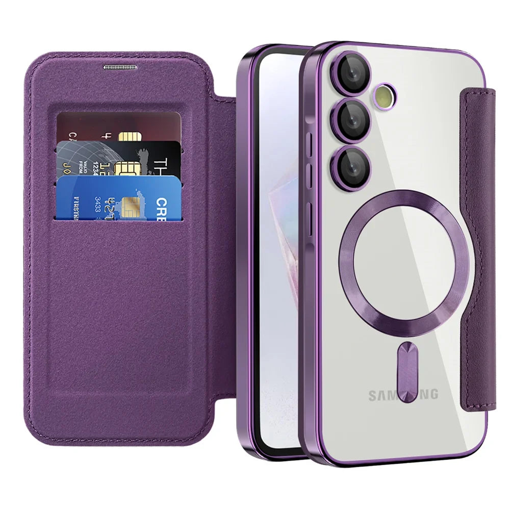 Clear Flip Wallet Case with Card Slots and Magnetic Closure for Samsung Galaxy S22 S23 S24 S25 S26 Ultra | Sansoti
