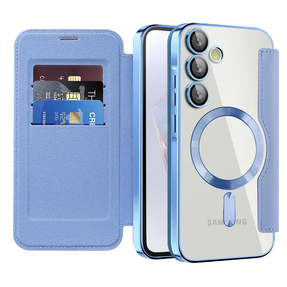 Clear Flip Wallet Case with Card Slots and Magnetic Closure for Samsung Galaxy S22 S23 S24 S25 S26 Ultra | Sansoti