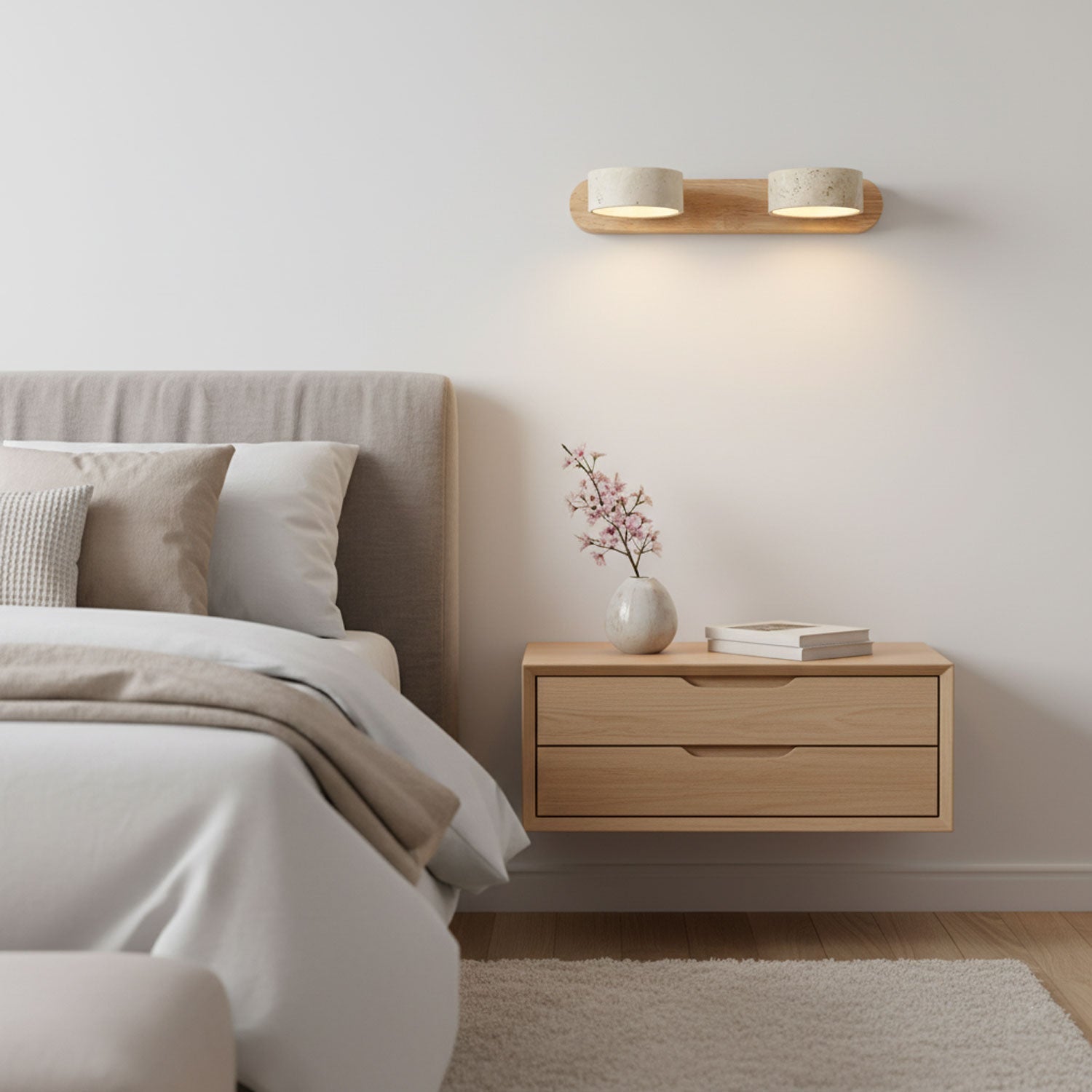 Travertin-Wandleuchte mit Holzsockel und doppelter LED-Lichtquelle, Naturstein-Design-Wandleuchte für Schlafzimmer, Flur und Wohnzimmer | Restfield