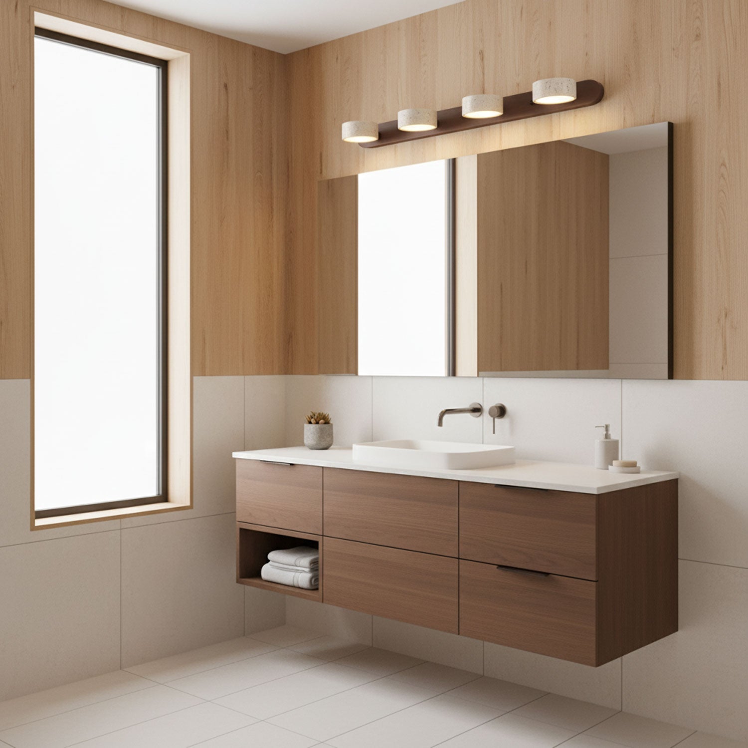 Travertin-Wandleuchte mit Holzsockel und doppelter LED-Lichtquelle, Naturstein-Design-Wandleuchte für Schlafzimmer, Flur und Wohnzimmer | Restfield
