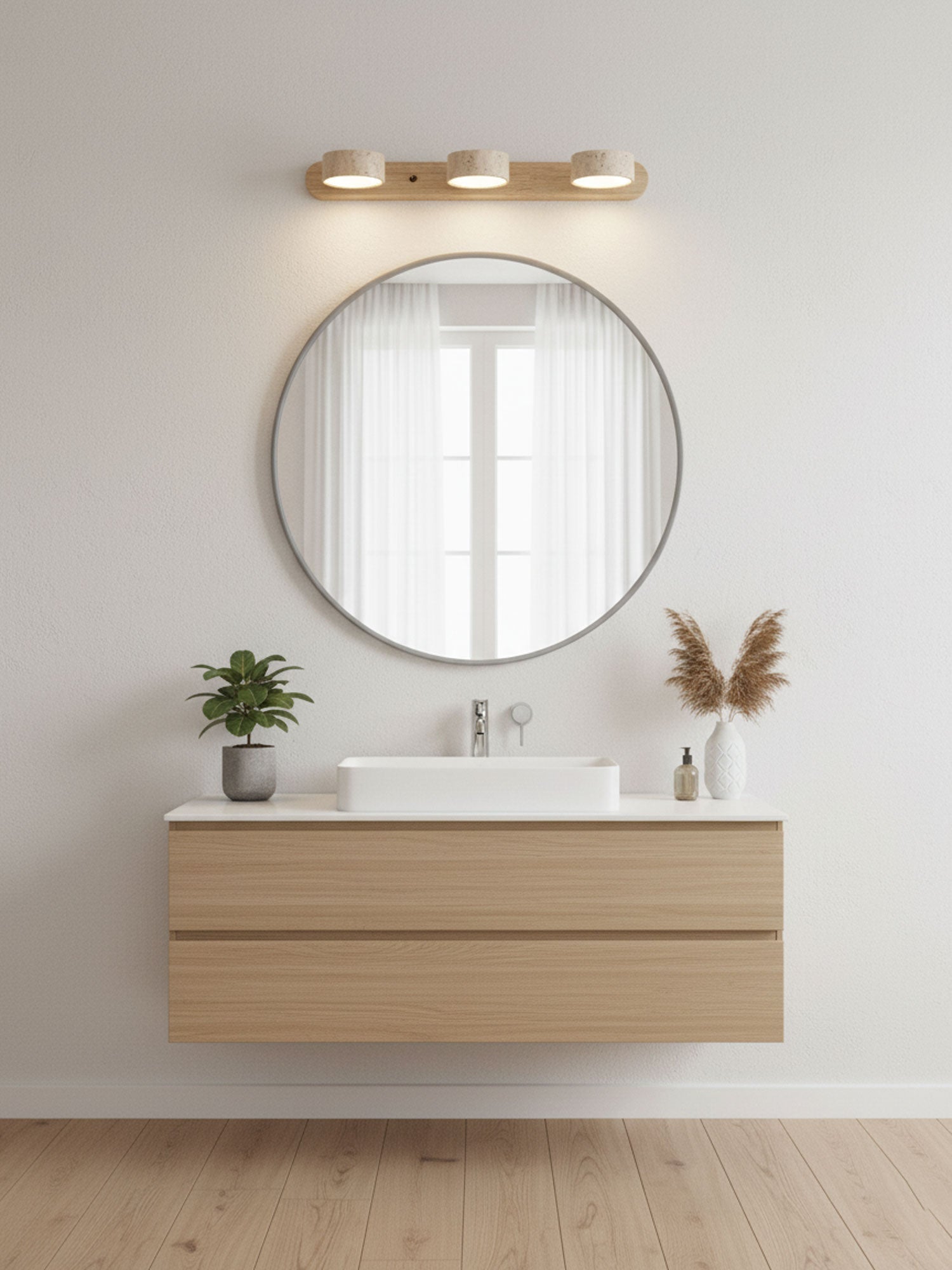 Travertin-Wandleuchte mit Holzsockel und doppelter LED-Lichtquelle, Naturstein-Design-Wandleuchte für Schlafzimmer, Flur und Wohnzimmer | Restfield