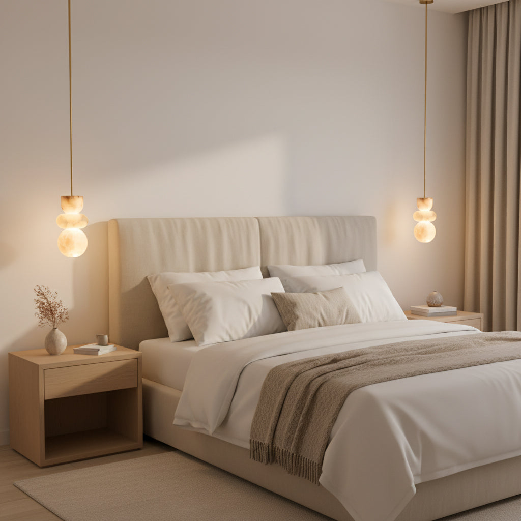 Alabaster Hanglamp met Messing Armatuur en Geïntegreerde LED – Luxe Natuurstenen Design Verlichting | Sansoti