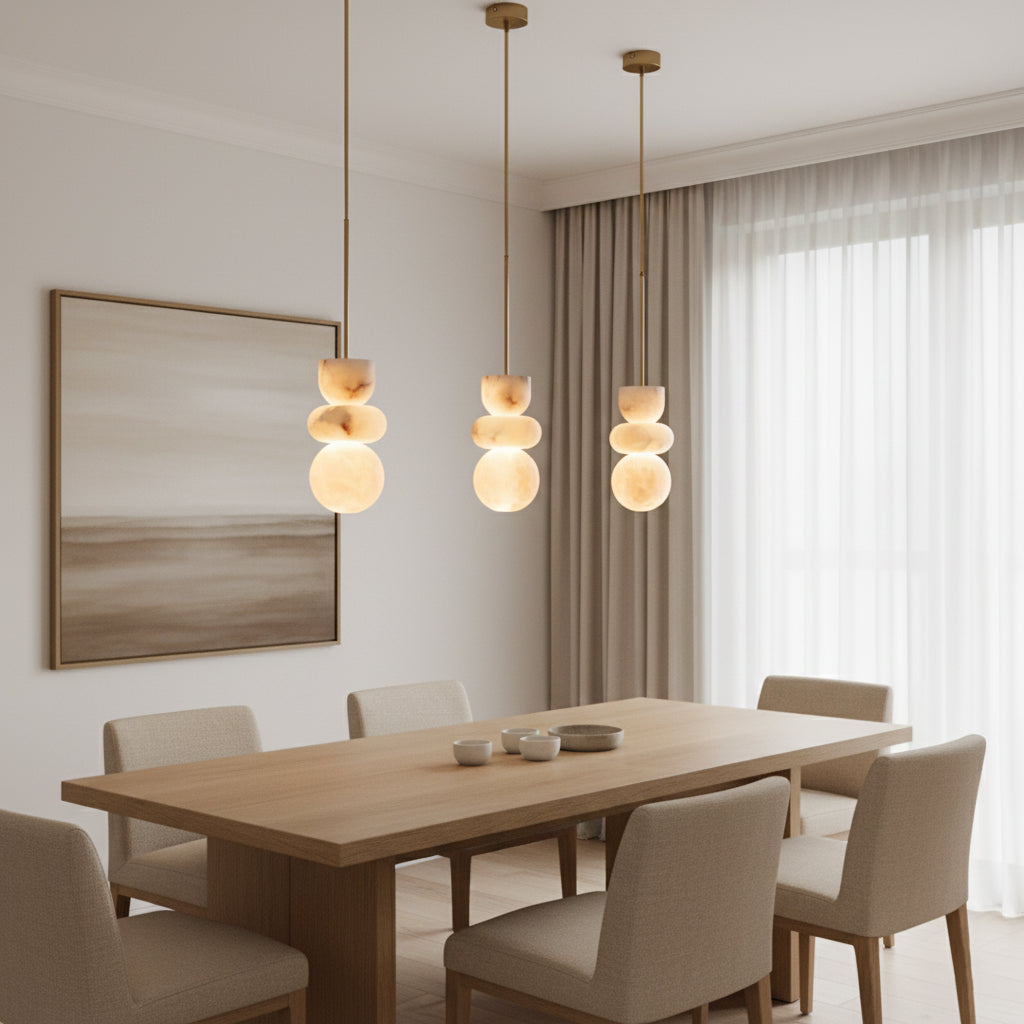 Alabaster Hanglamp met Messing Armatuur en Geïntegreerde LED – Luxe Natuurstenen Design Verlichting | Sansoti