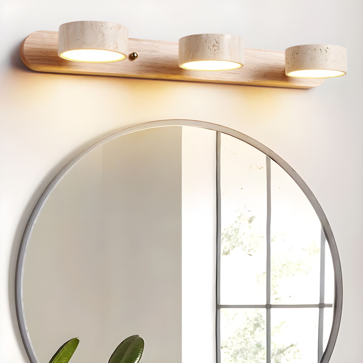 Travertin-Wandleuchte mit Holzsockel und doppelter LED-Lichtquelle, Naturstein-Design-Wandleuchte für Schlafzimmer, Flur und Wohnzimmer | Restfield
