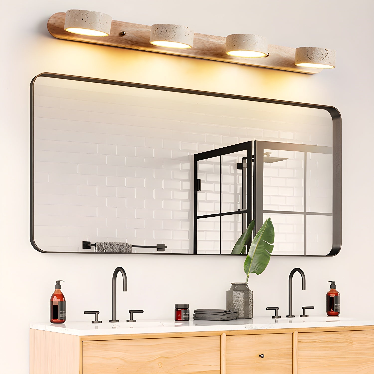 Travertin-Wandleuchte mit Holzsockel und doppelter LED-Lichtquelle, Naturstein-Design-Wandleuchte für Schlafzimmer, Flur und Wohnzimmer | Restfield