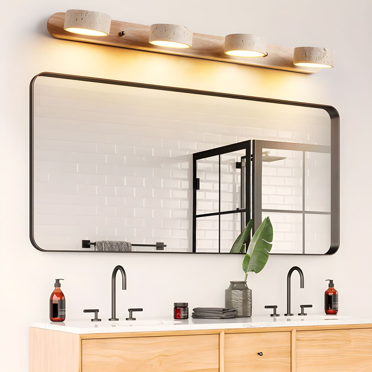 Travertin-Wandleuchte mit Holzsockel und doppelter LED-Lichtquelle, Naturstein-Design-Wandleuchte für Schlafzimmer, Flur und Wohnzimmer | Restfield