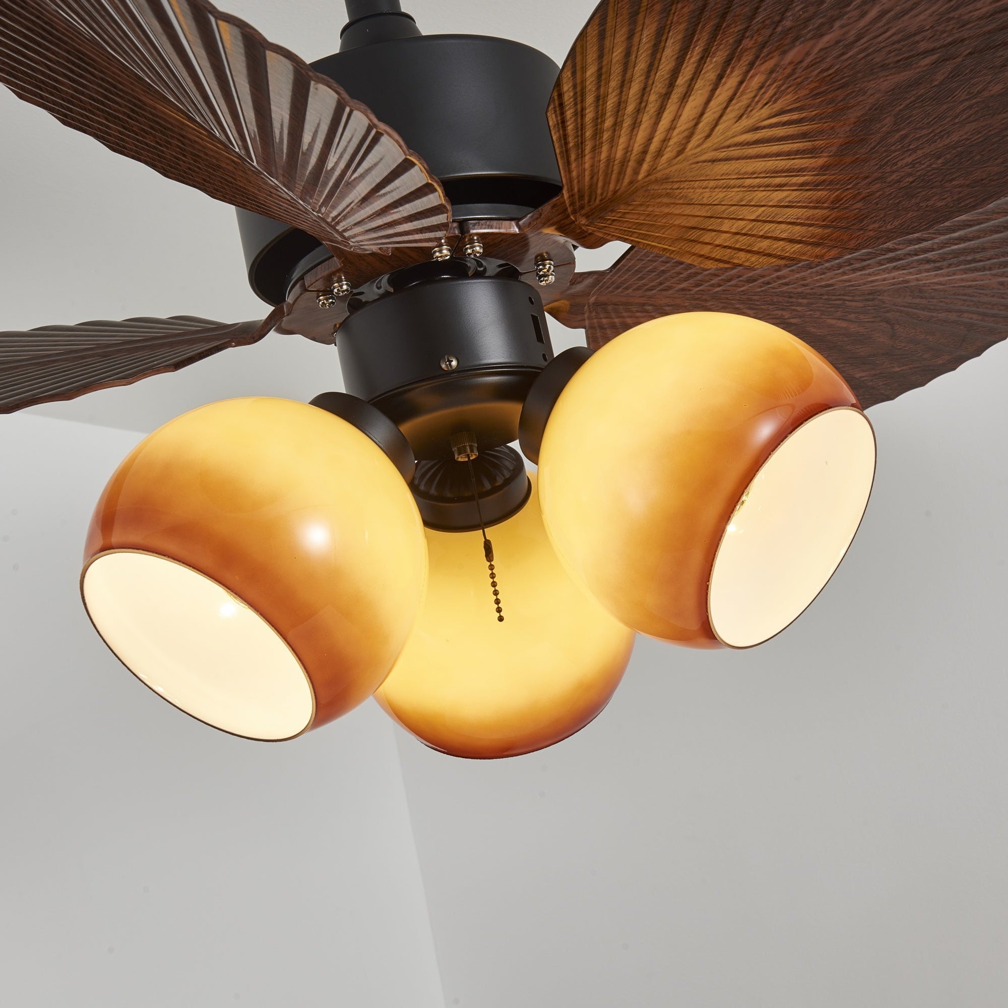 Vintage Plafondventilator met Verlichting – 91cm Diameter – Walnoot Afwerking & Oranje Kap | Sansoti
