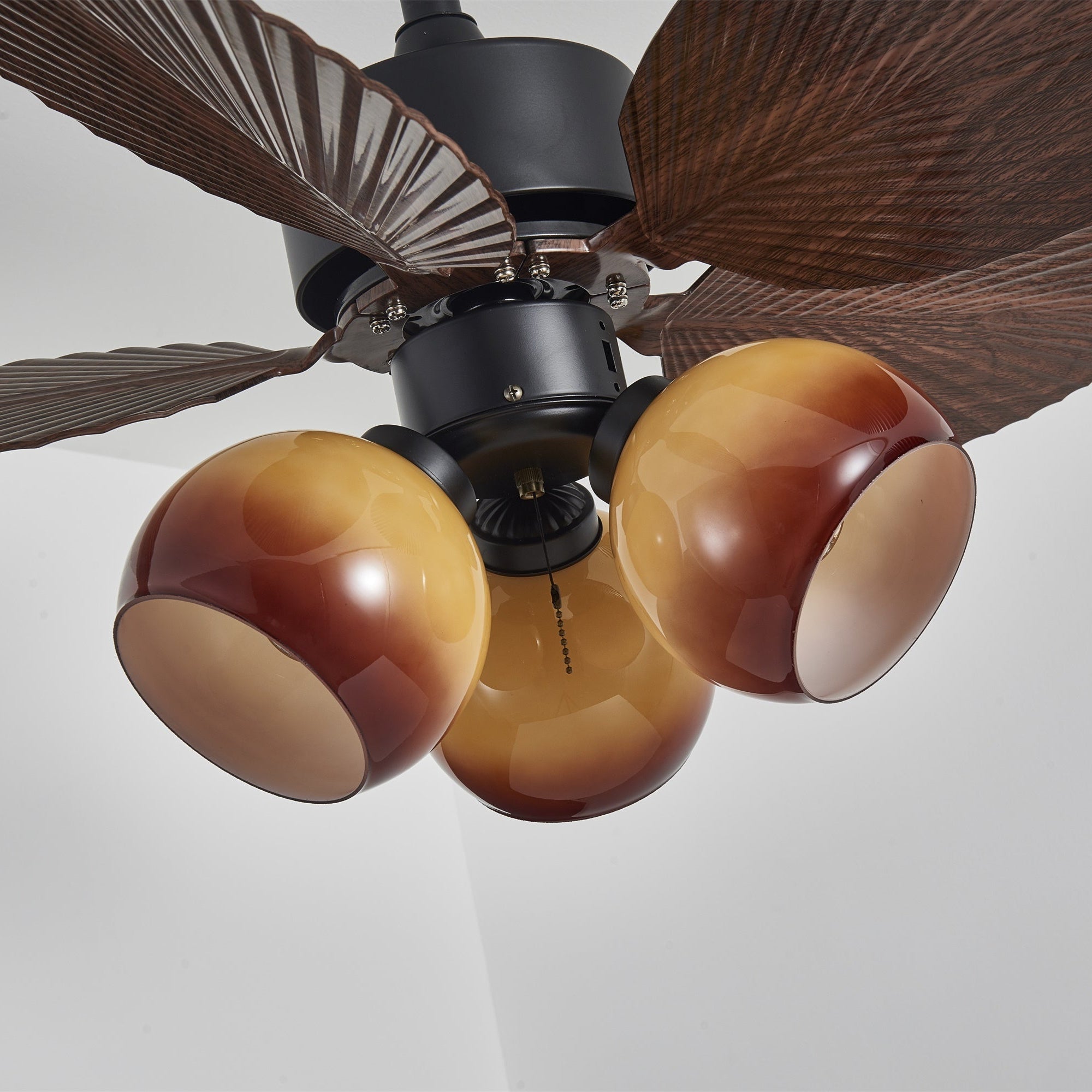 Vintage Plafondventilator met Verlichting – 91cm Diameter – Walnoot Afwerking & Oranje Kap | Sansoti