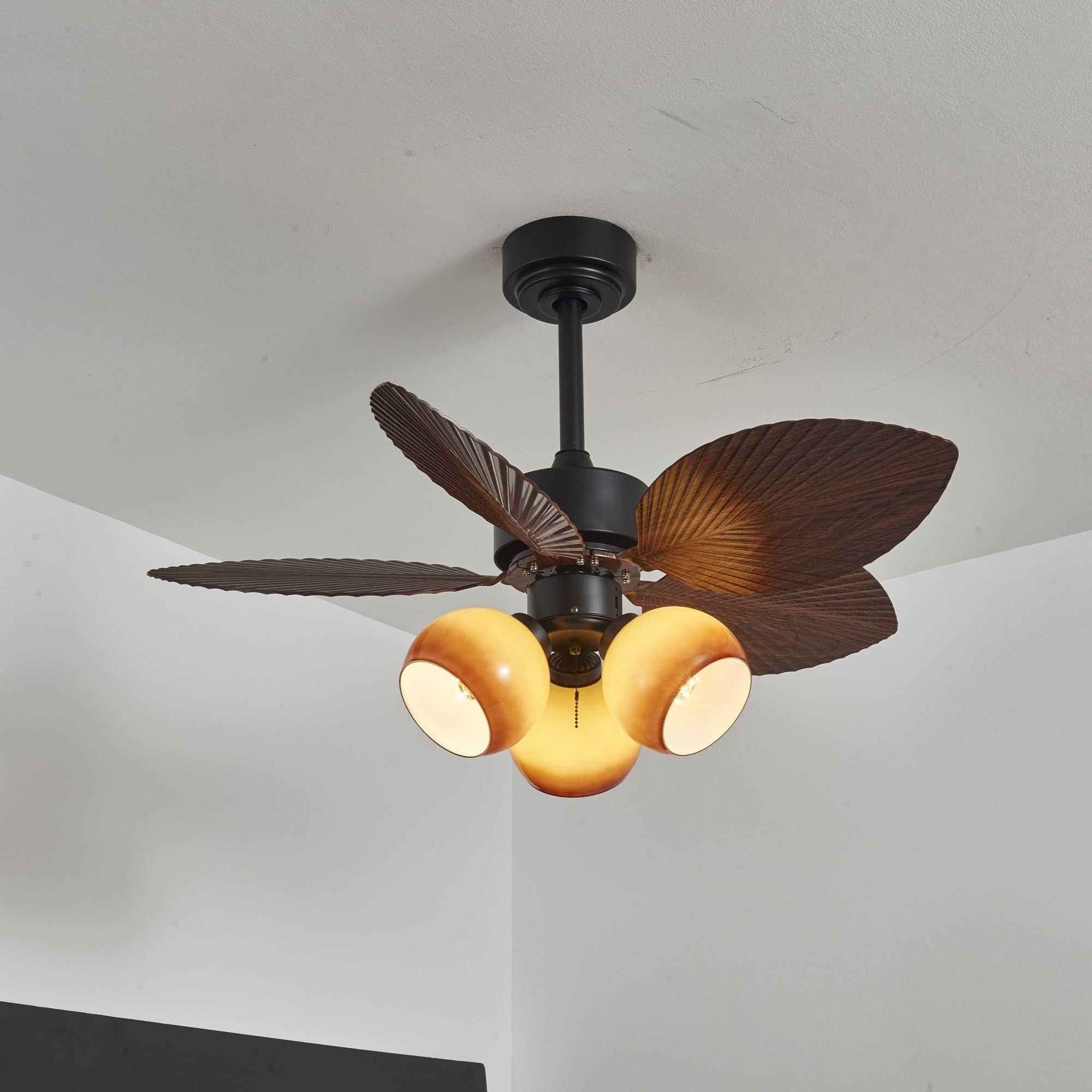 Vintage Plafondventilator met Verlichting – 91cm Diameter – Walnoot Afwerking & Oranje Kap | Sansoti