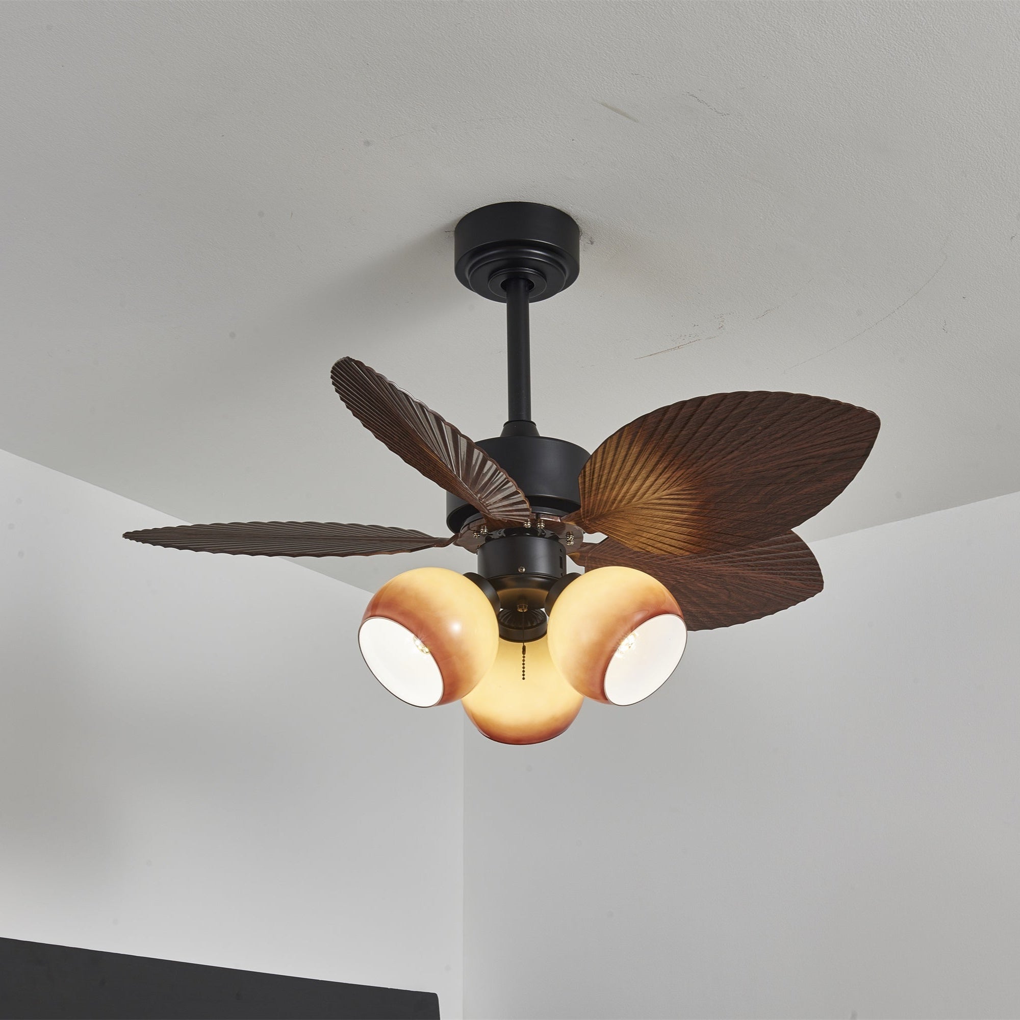 Vintage Plafondventilator met Verlichting – 91cm Diameter – Walnoot Afwerking & Oranje Kap | Sansoti