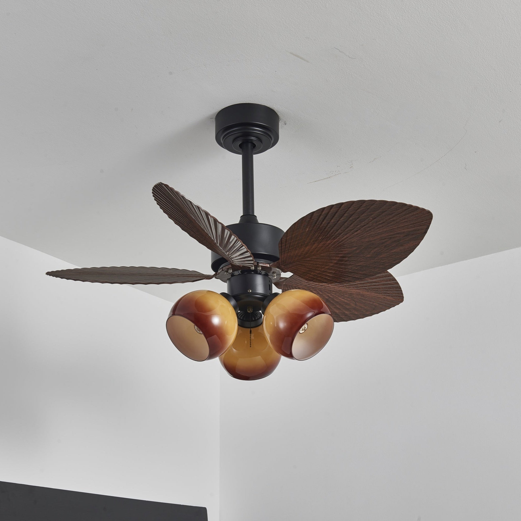 Vintage Plafondventilator met Verlichting – 91cm Diameter – Walnoot Afwerking & Oranje Kap | Sansoti