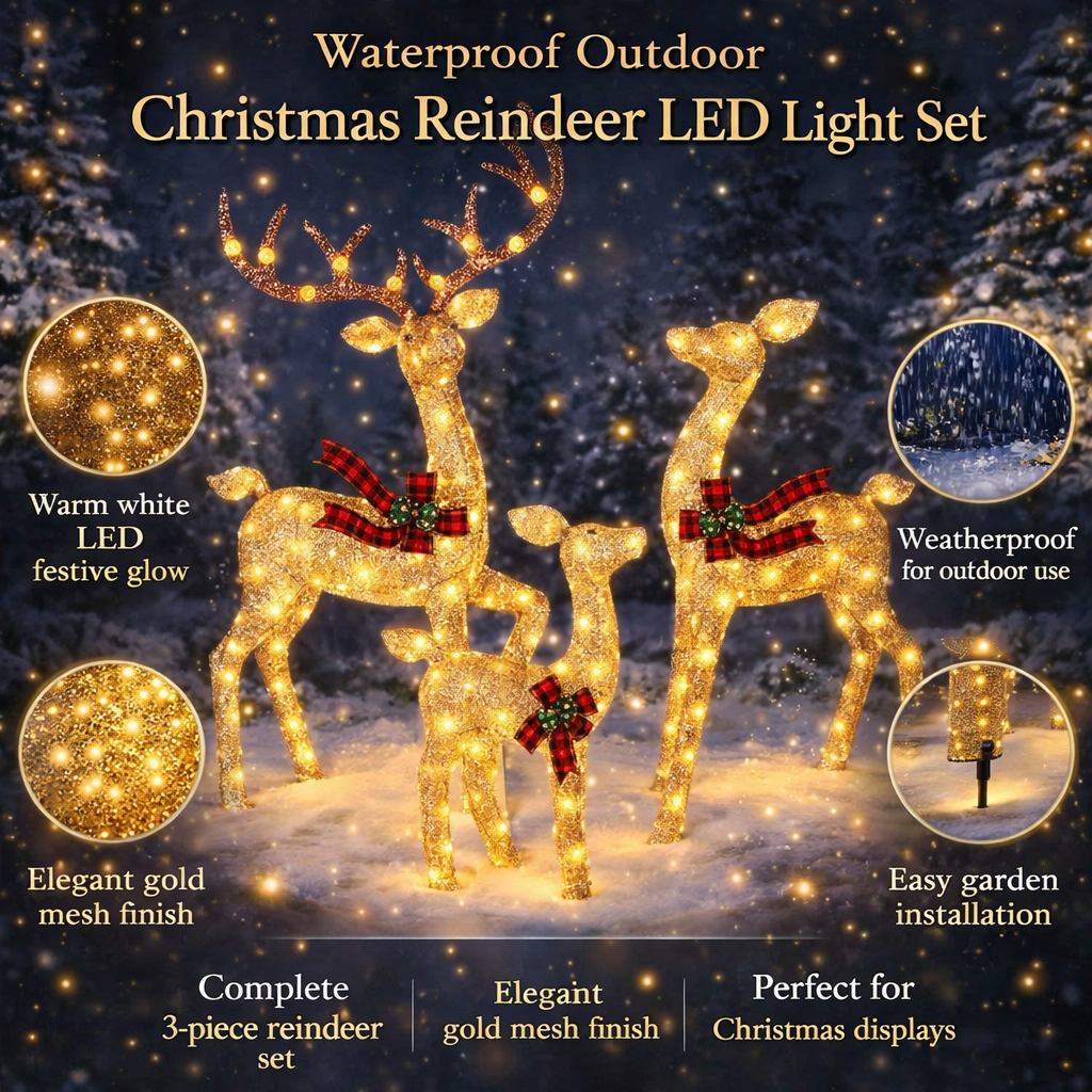 Verlichte Rendierenfamilie LED Tuindecoratie Set Waterdicht Kerst Buitenverlichting 3-delig Warm Wit | Sansoti