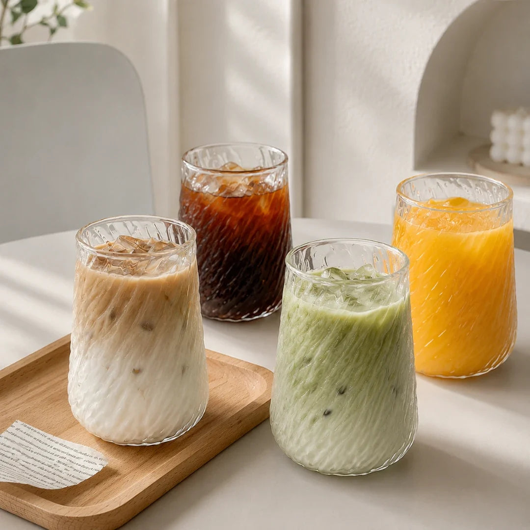 Verre torsadé à texture nervurée avec paille en verre 400ml Verre à boire durable et résistant à la chaleur pour jus | Sansoti