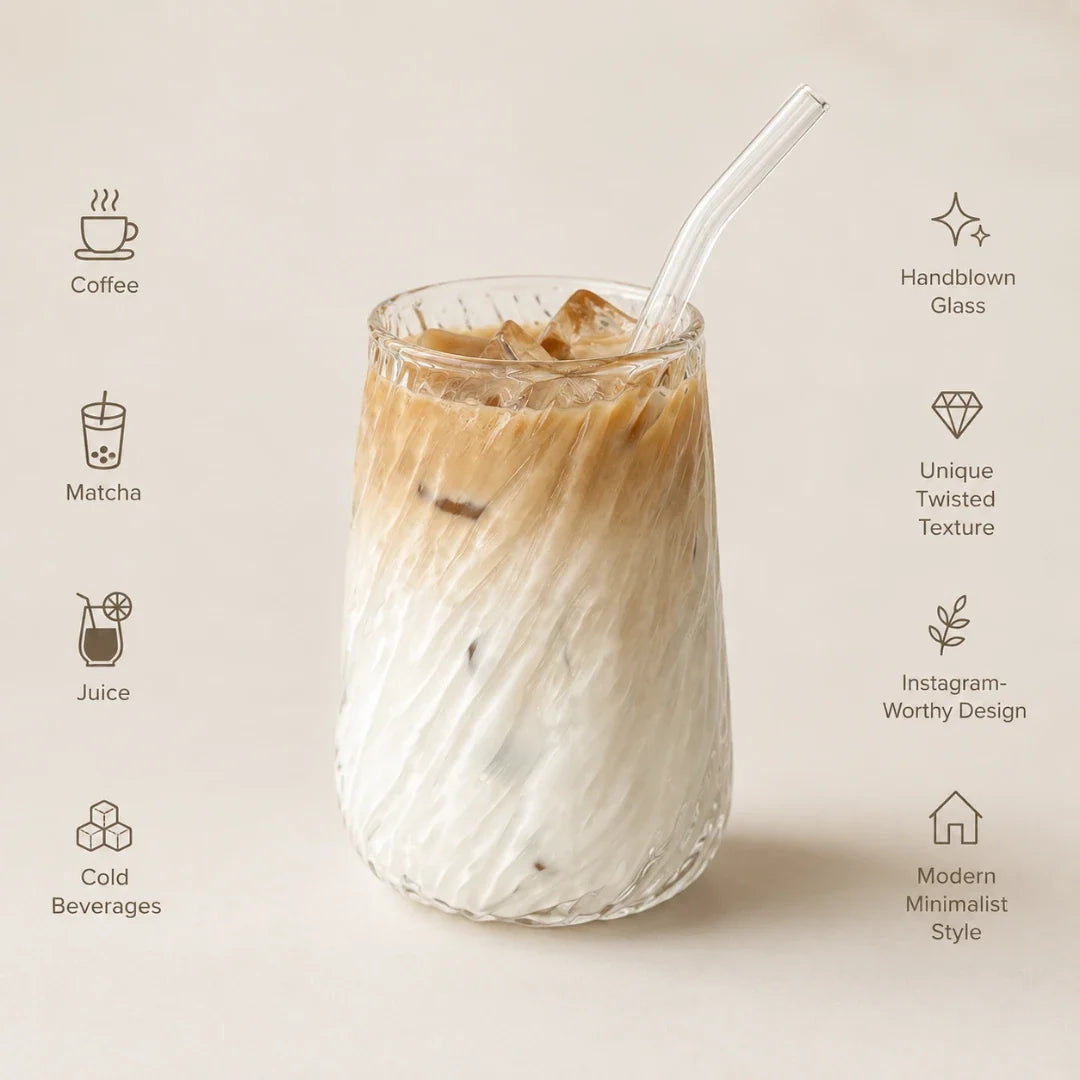Verre torsadé à texture nervurée avec paille en verre 400ml Verre à boire durable et résistant à la chaleur pour jus | Sansoti