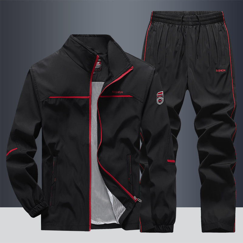Heren Trainingspak Twee Delen met Ritsjas en Broek Sportieve Streep Elastische Tailleband Activewear | Sansoti