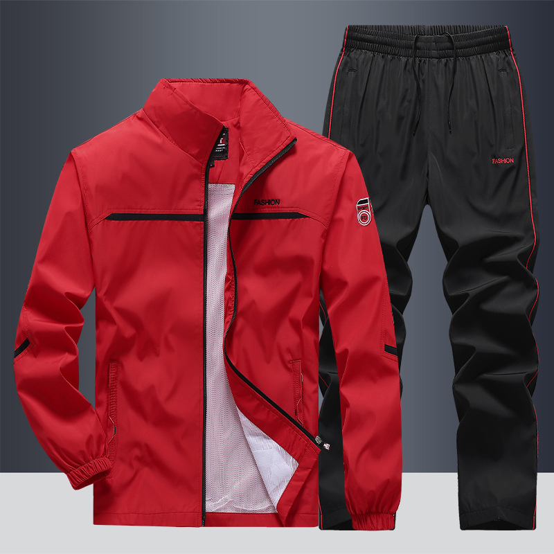Heren Trainingspak Twee Delen met Ritsjas en Broek Sportieve Streep Elastische Tailleband Activewear | Sansoti