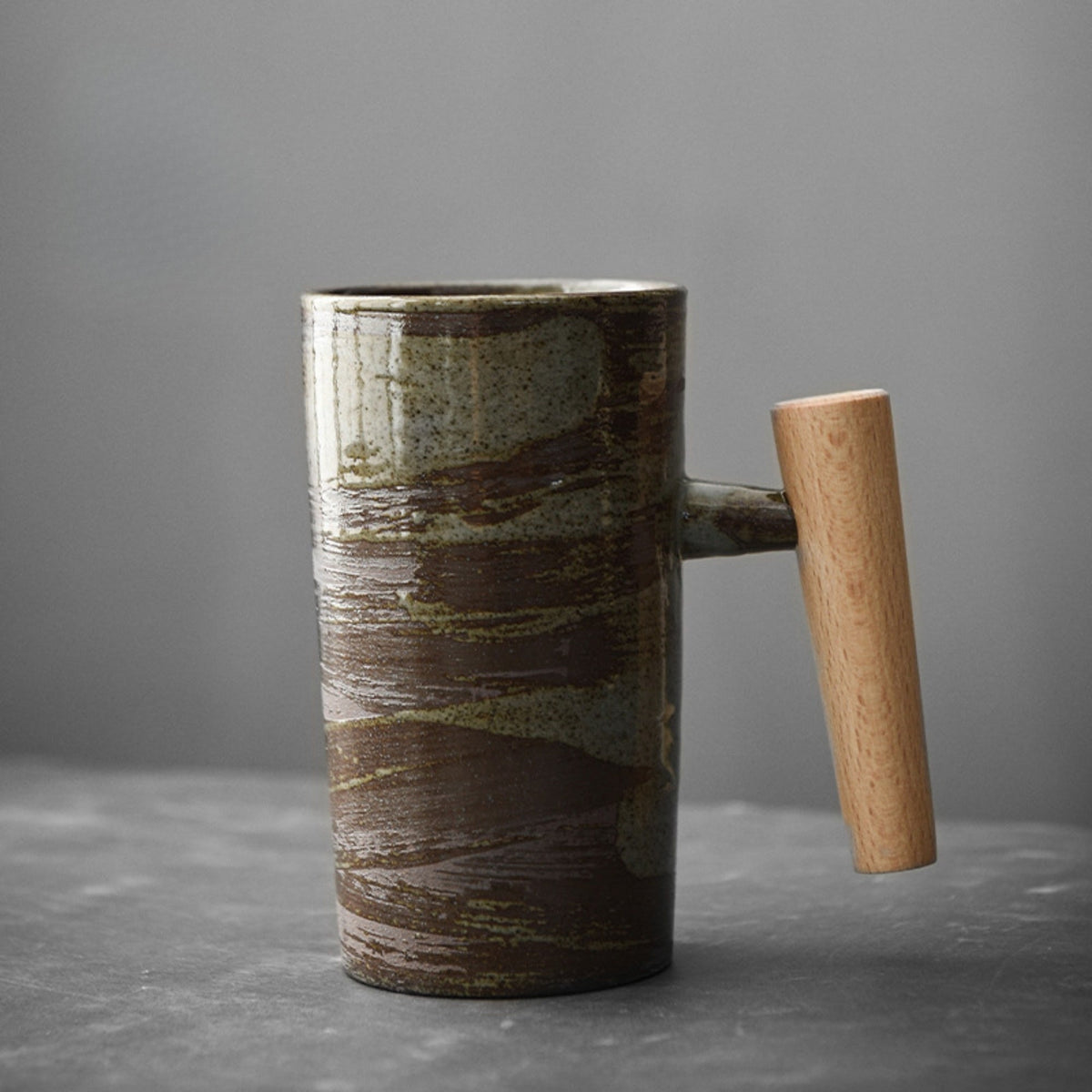 Ceramic Mug 220ml Stone Texture Wooden Handle Coffee Tea Hot Beverage Moment Ergonomic Comfort Kitchen | Sansoti