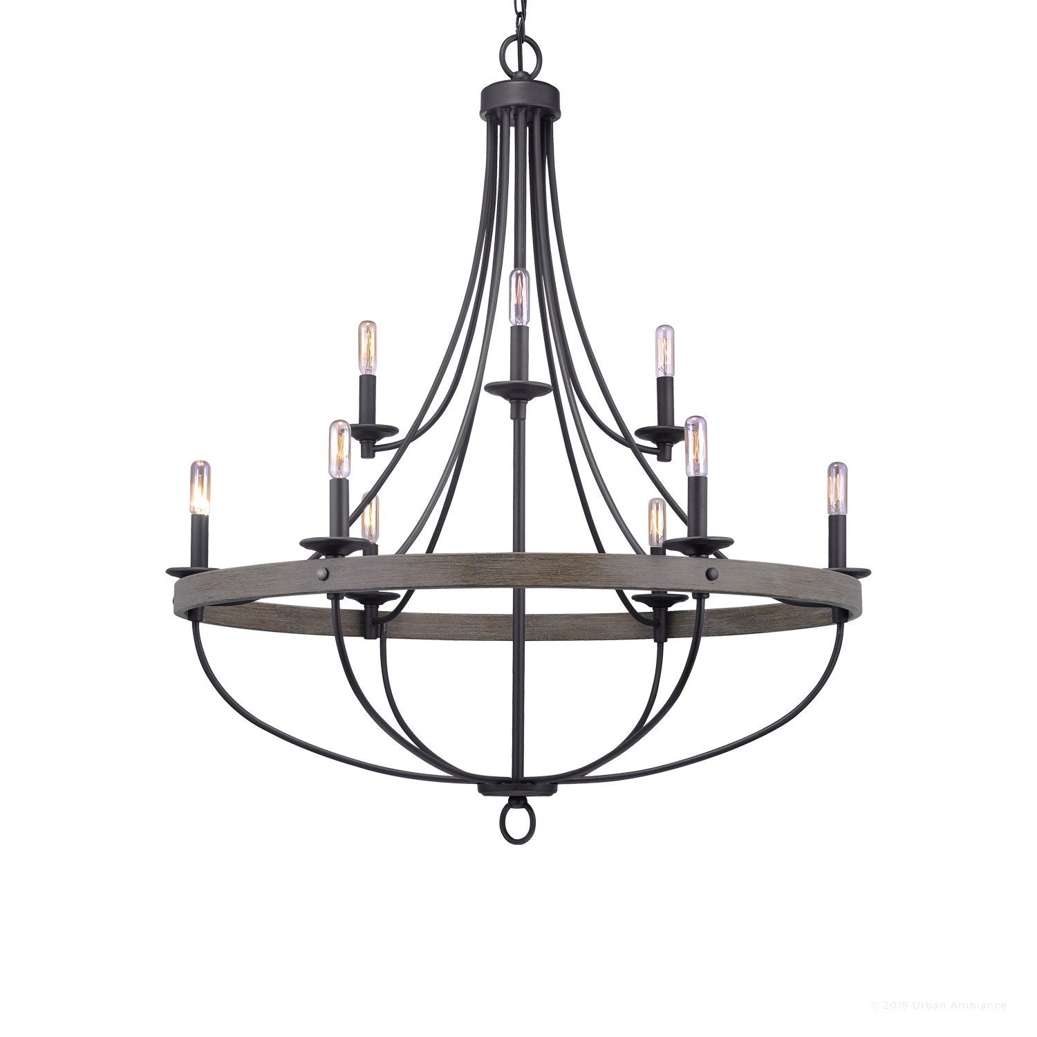 Kroonluchter Industrieel Rond Houtlook Staal Charcoal 90cm 9 Lichts | Sansoti