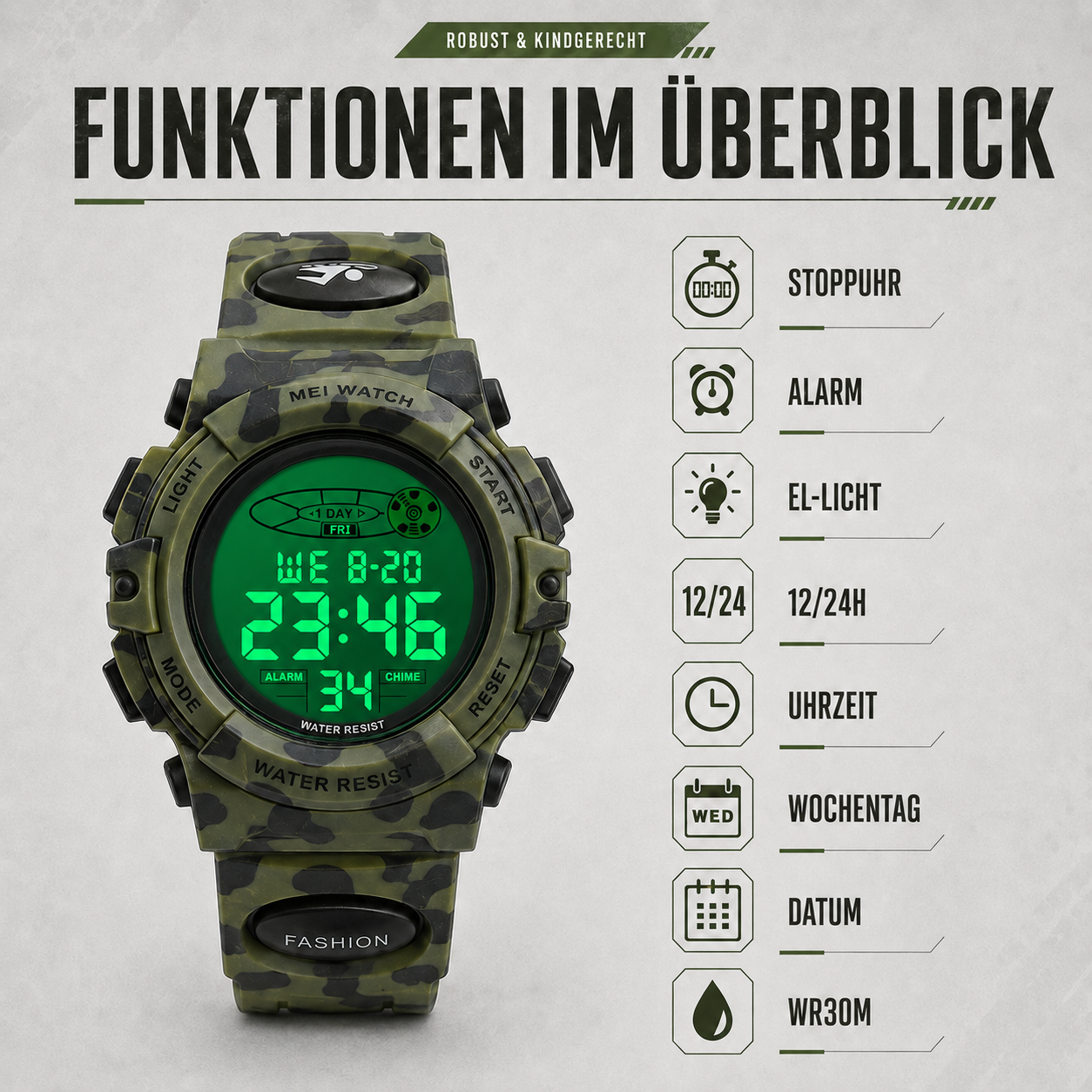 Digitaal Kinderhorloge Waterdicht & Stoßvastig – Datum Alarm Stopwatch Functie – Leerzame Sportuhr met Verlichting – PU Siliconen Band Jongens Meisjes 6-15 Jaar | Sansoti