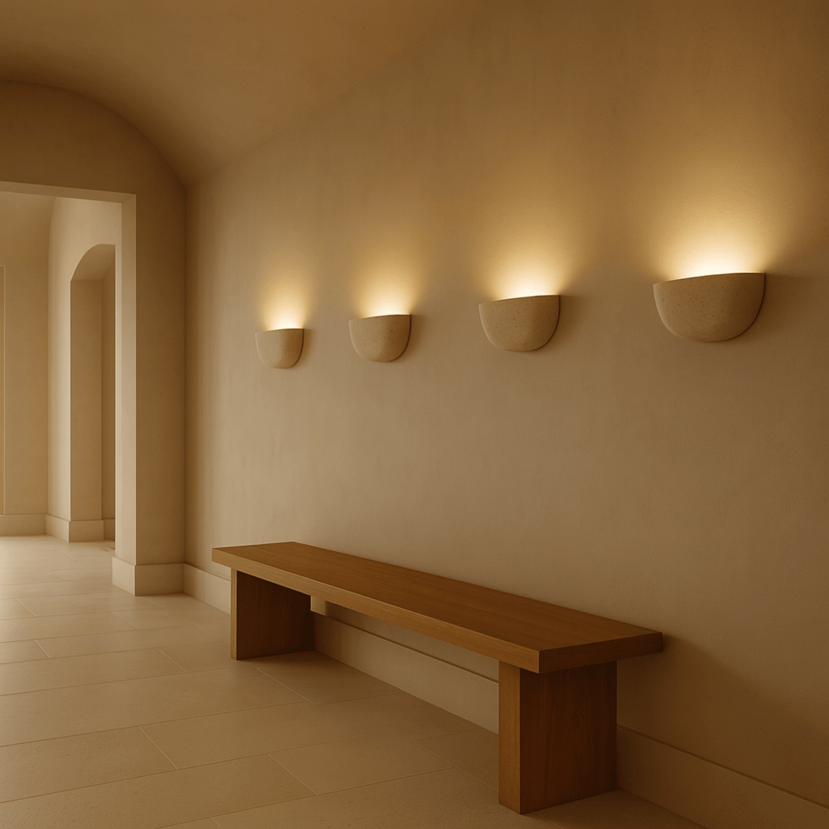 Travertin-Wandleuchte aus Naturstein Beige Warmweißes Licht für Schlafzimmer, Flur und Wohnzimmer Modernes stimmungsvolles Interieur | Sansoti