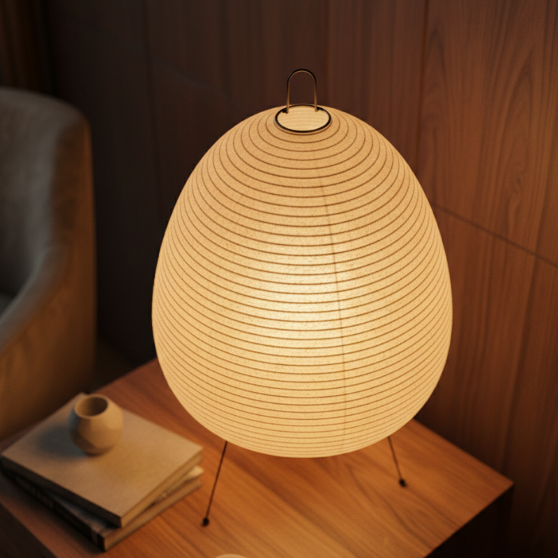 Round Table Lamp with Rice Paper and Bamboo - Japanese Inspired Minimalist Design - Warm White 2700K LED - Ø25×38 cm | Sansoti