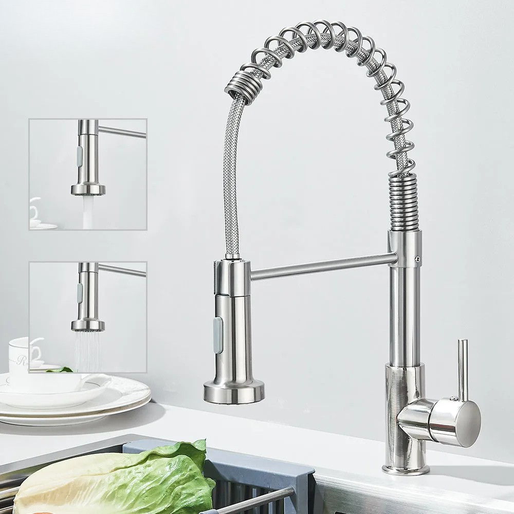 Robinet de cuisine extensible chromé à bec orientable, eau chaude et froide, douchette flexible, mitigeur de cuisine | Sansoti