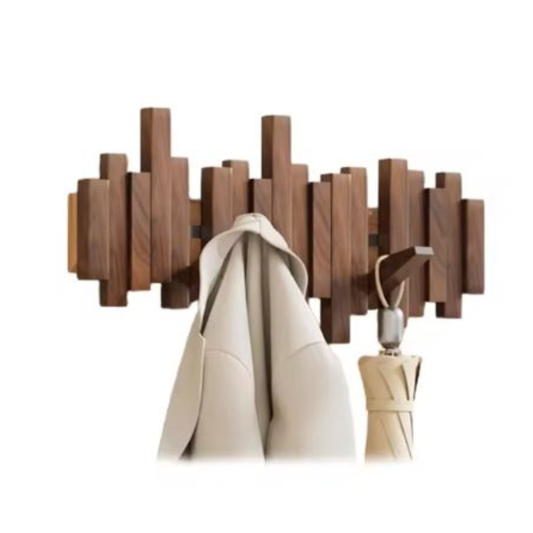 Portemanteau mural en bois à crochets rabattables en placage de hêtre noyer naturel 3-8 crochets pour l’entrée et la chambre | Sansoti