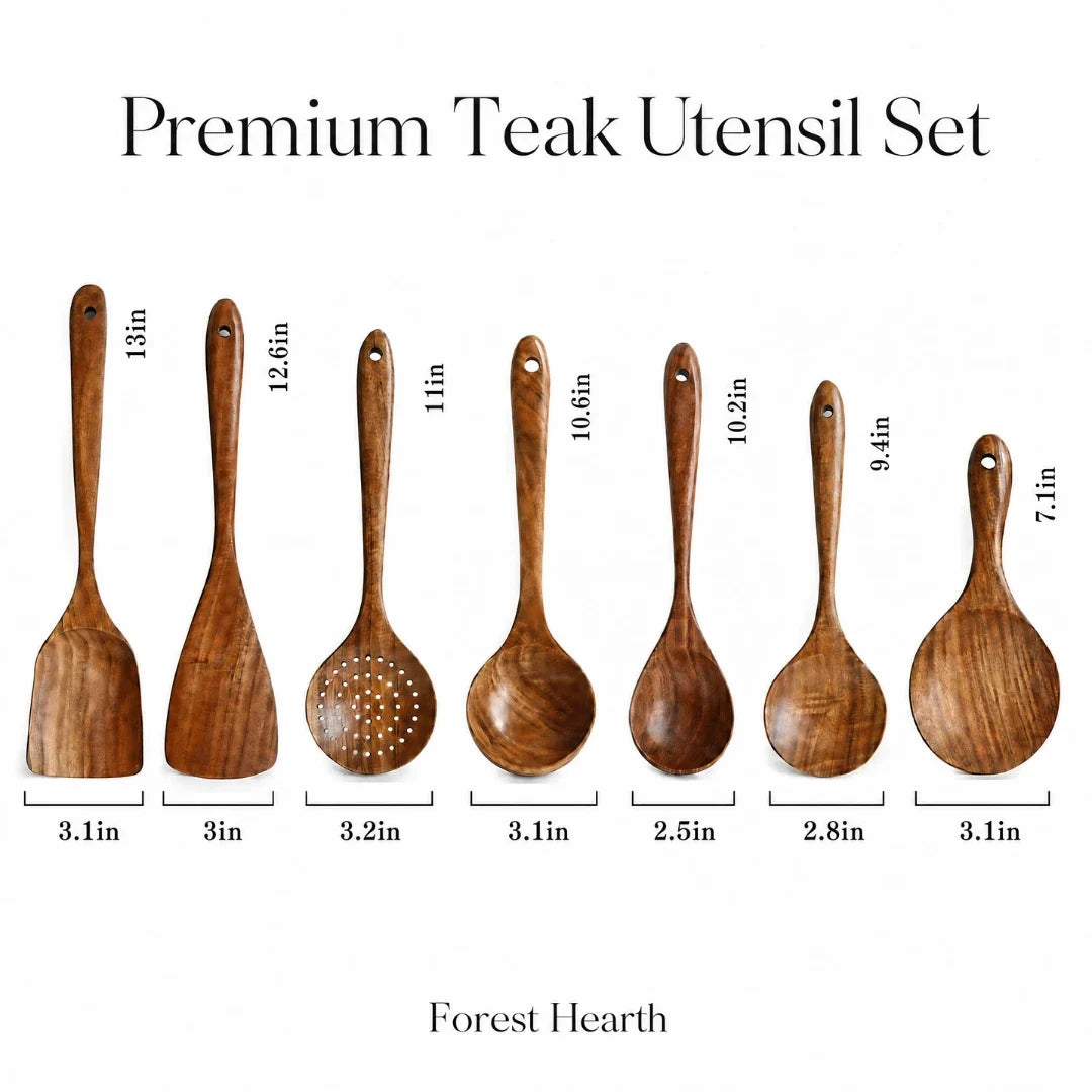 7-teiliges Küchenutensilien-Set aus Holz, Teakholz, natürlich verarbeitet, hitzebeständiges, antihaftbeschichtetes Kochgeschirr und Küchenhelfer | Sansoti