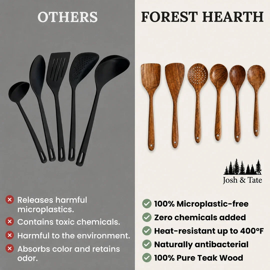 7-teiliges Küchenutensilien-Set aus Holz, Teakholz, natürlich verarbeitet, hitzebeständiges, antihaftbeschichtetes Kochgeschirr und Küchenhelfer | Sansoti