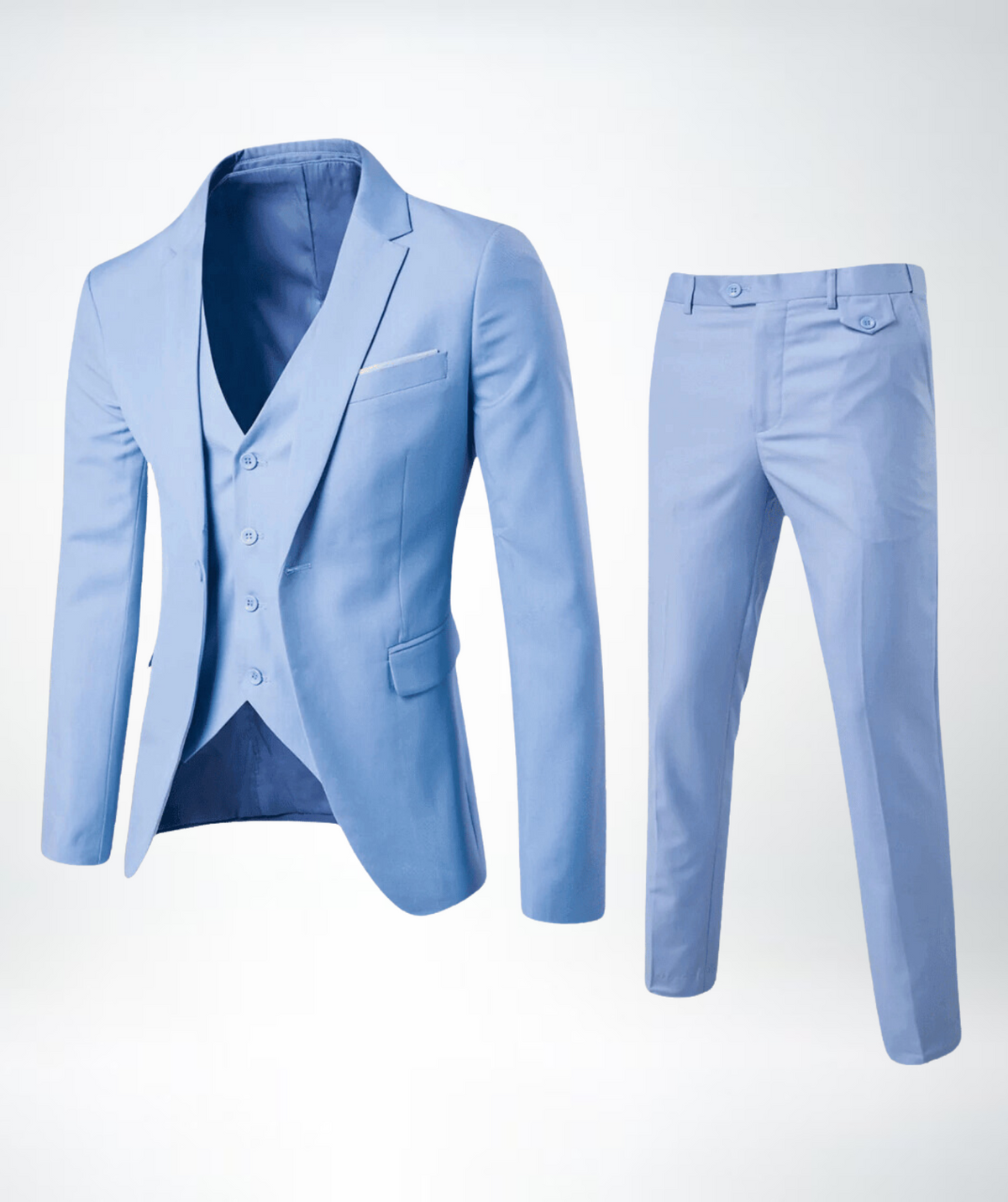 Dreiteiliger Herrenanzug, klassisch und stilvoll, mit Sakko, Weste und Hose, elegant und geschäftlich, für Feste und Hochzeiten | Sansoti