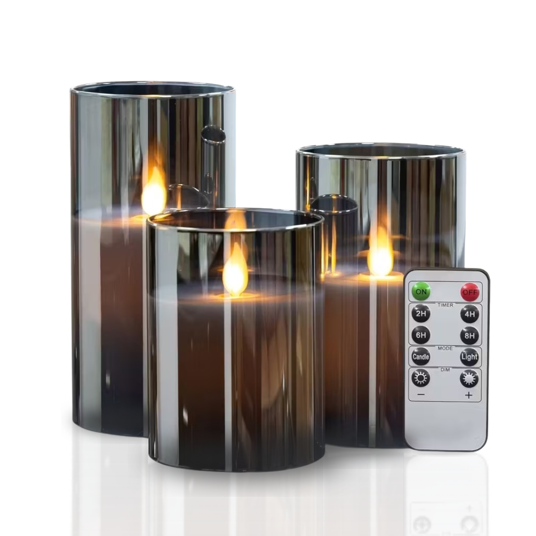 Bougies LED avec télécommande verre noir éclairage d’ambiance set minuterie intérieur moderne salon chambre décoration effet flamme réaliste | Restfield