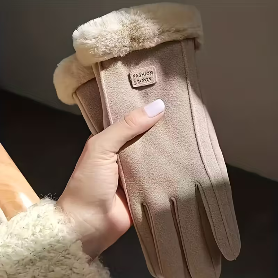 Touchscreen-Handschuhe für Damen mit Plüschfutter, beige, warm für den Winter, Smartphone-Bedienung, winddicht und für Outdoor-Aktivitäten geeignet | Sansoti