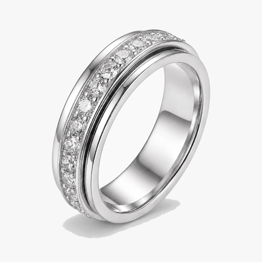 Draaibare Spinner Ring met Zirkonia Steentjes – Titanium Staal – Rustgevend Fidget Sieraad voor Vrouwen en Mannen | Sansoti