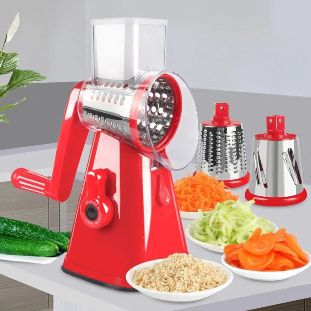 Roterende Keukenrasp met 3 Messen – Handmatige Multifunctionele Groentesnijder en Kaasrasp voor Salade, Gebak en Pasta | Sansoti
