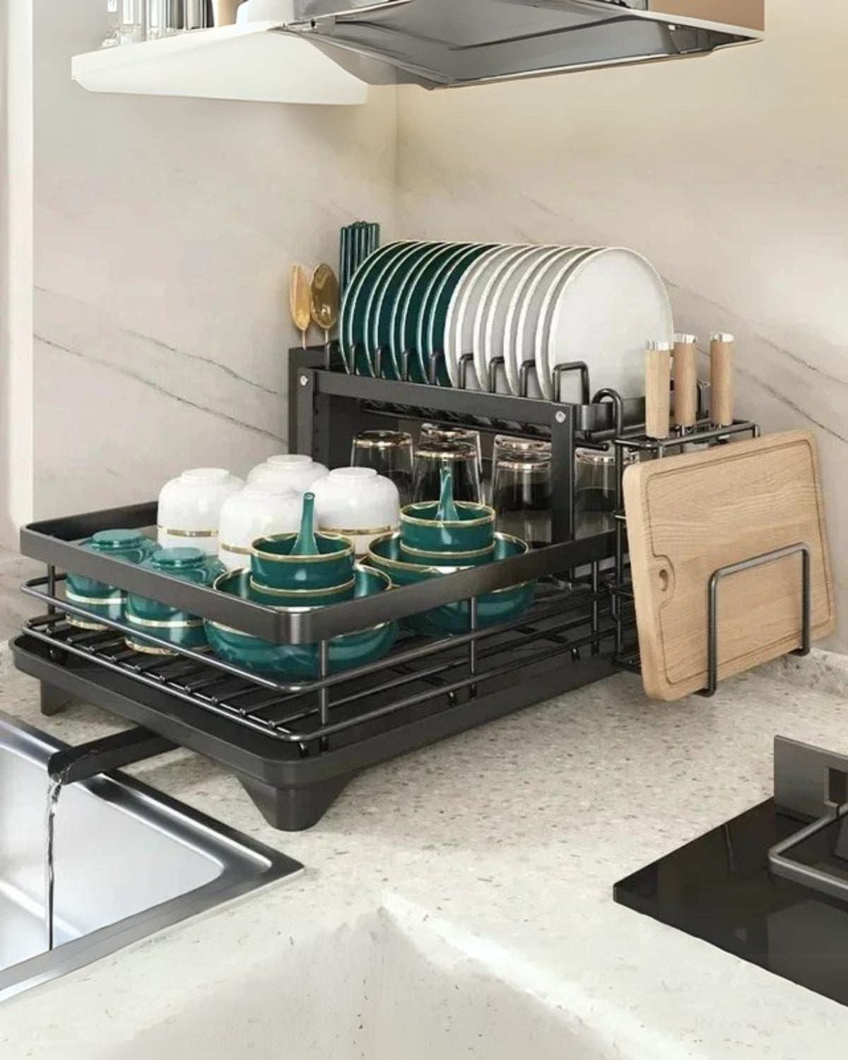 Égouttoir moderne en acier carbone avec évacuation pivotante à 360° – séchoir de cuisine de luxe à plusieurs niveaux | Restfield