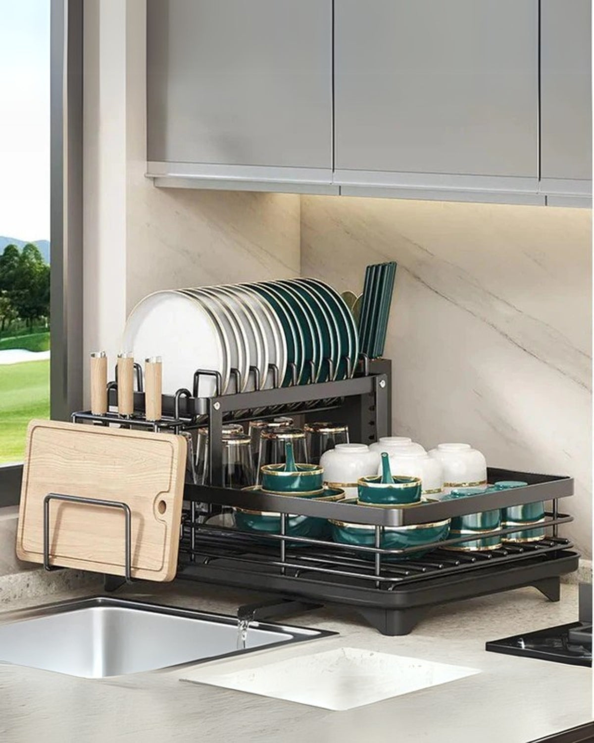 Égouttoir moderne en acier carbone avec évacuation pivotante à 360° – séchoir de cuisine de luxe à plusieurs niveaux | Restfield
