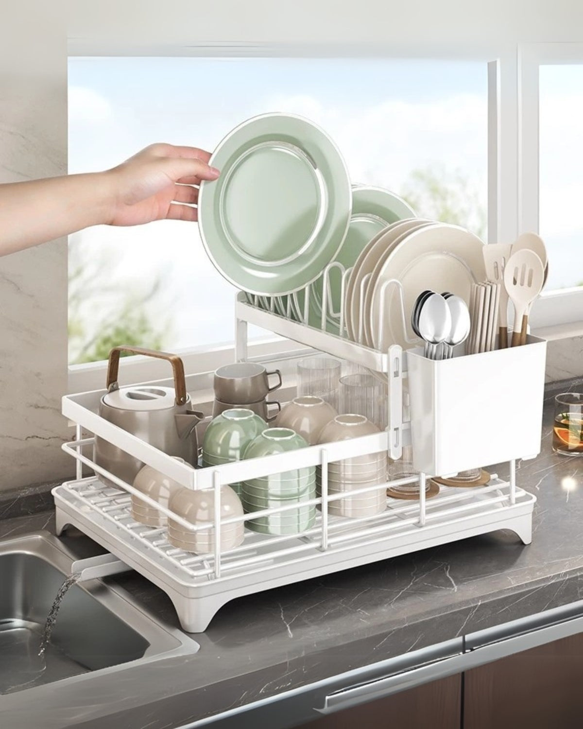 Égouttoir moderne en acier carbone avec évacuation pivotante à 360° – séchoir de cuisine de luxe à plusieurs niveaux | Restfield
