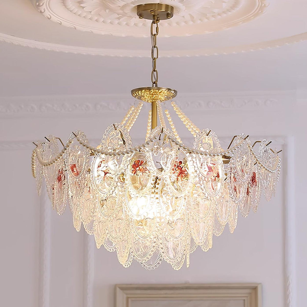 Lustre Perles en verre Métal doré Design à plusieurs niveaux Douille E14 Suspension Salon Salle à manger | Sansoti
