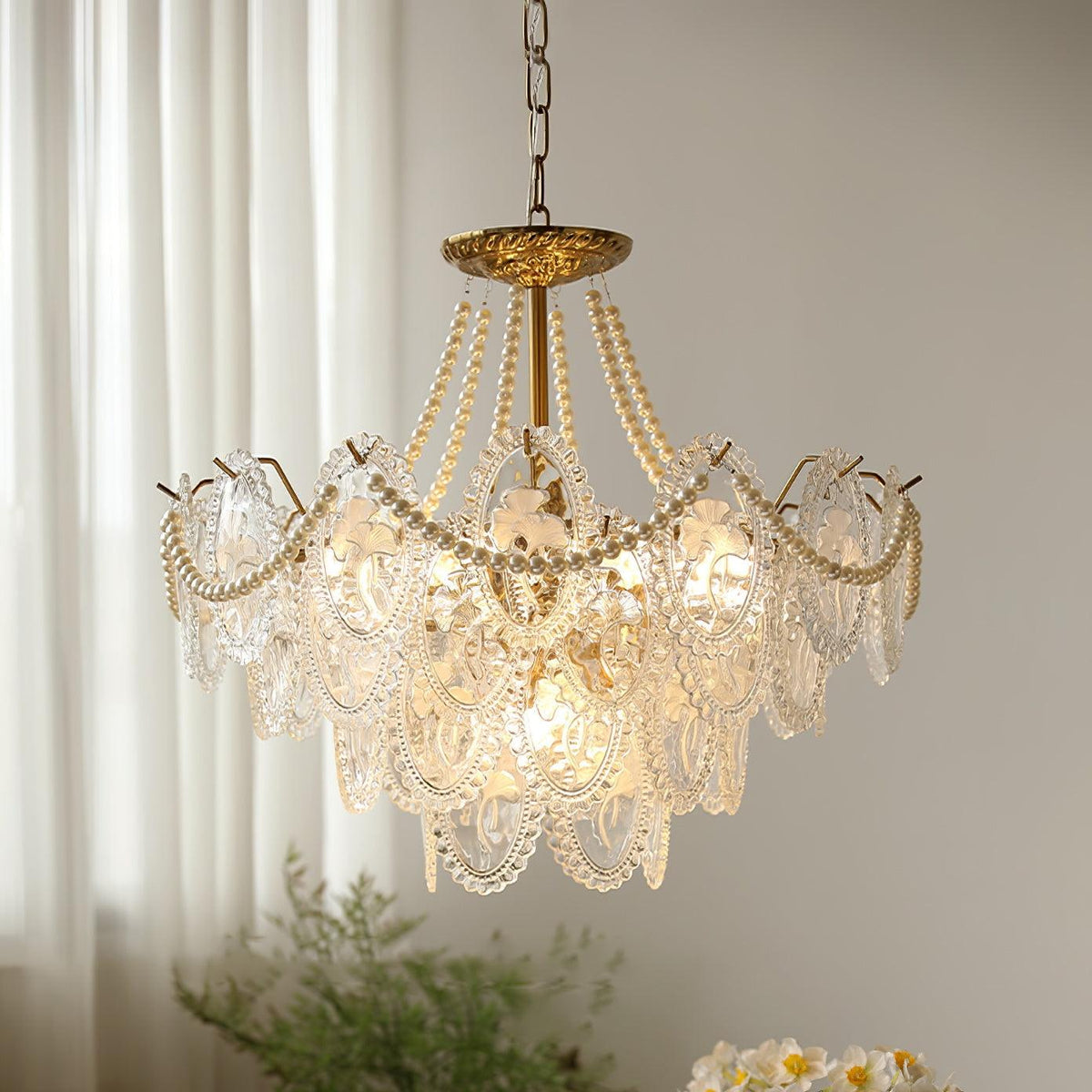 Lustre Perles en verre Métal doré Design à plusieurs niveaux Douille E14 Suspension Salon Salle à manger | Sansoti