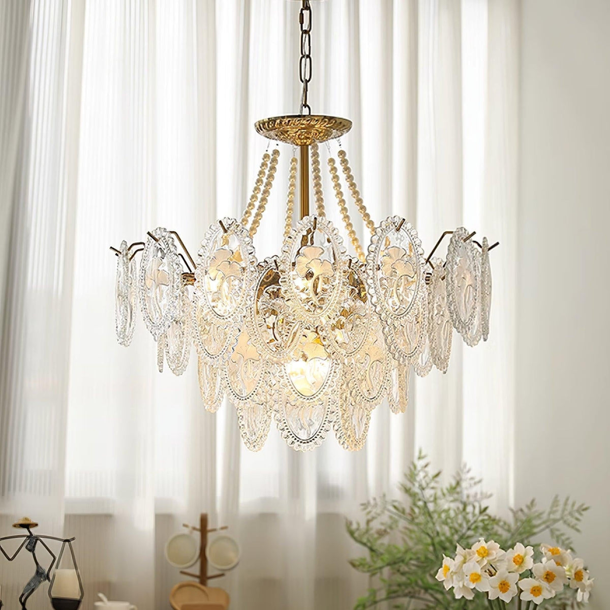 Lustre Perles en verre Métal doré Design à plusieurs niveaux Douille E14 Suspension Salon Salle à manger | Sansoti