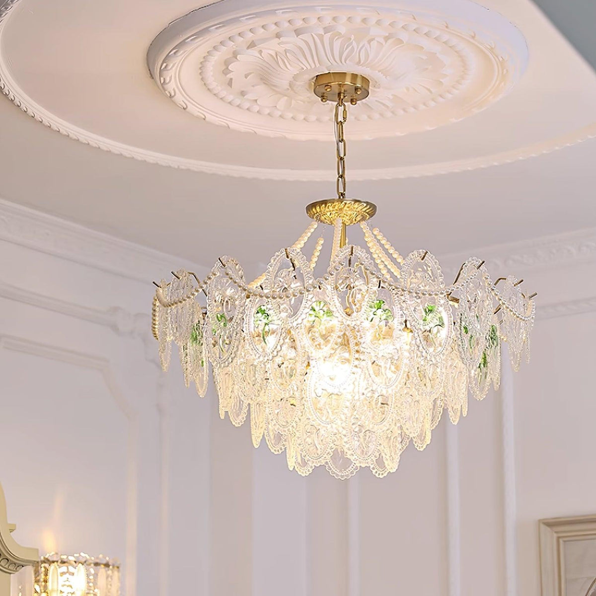Lustre Perles en verre Métal doré Design à plusieurs niveaux Douille E14 Suspension Salon Salle à manger | Sansoti