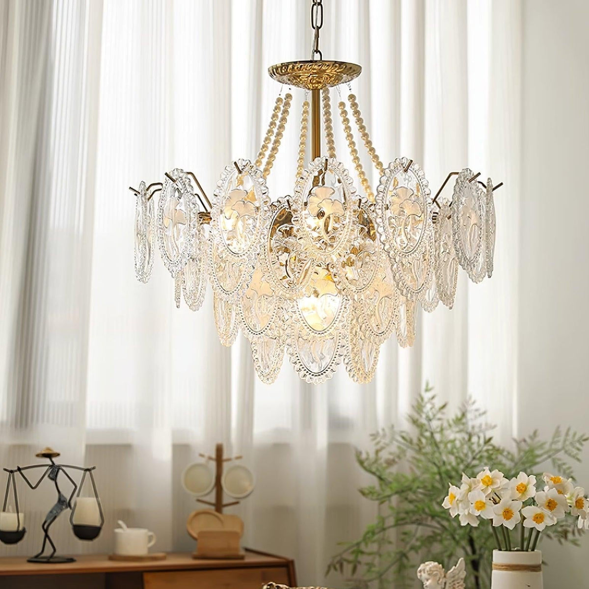 Lustre Perles en verre Métal doré Design à plusieurs niveaux Douille E14 Suspension Salon Salle à manger | Sansoti