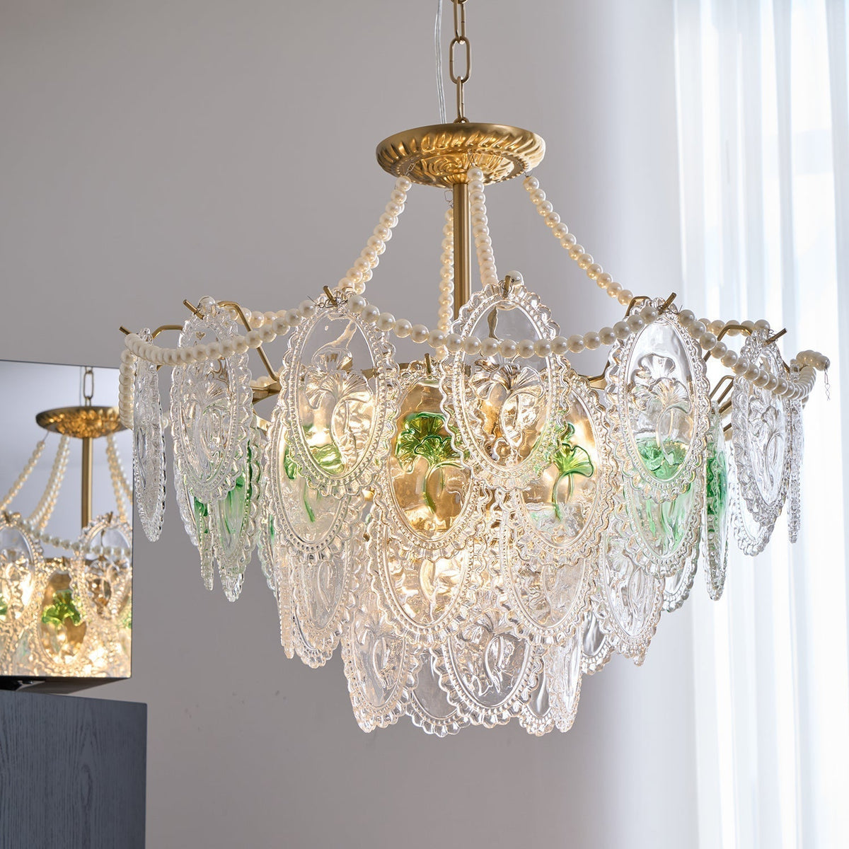 Lustre Perles en verre Métal doré Design à plusieurs niveaux Douille E14 Suspension Salon Salle à manger | Sansoti
