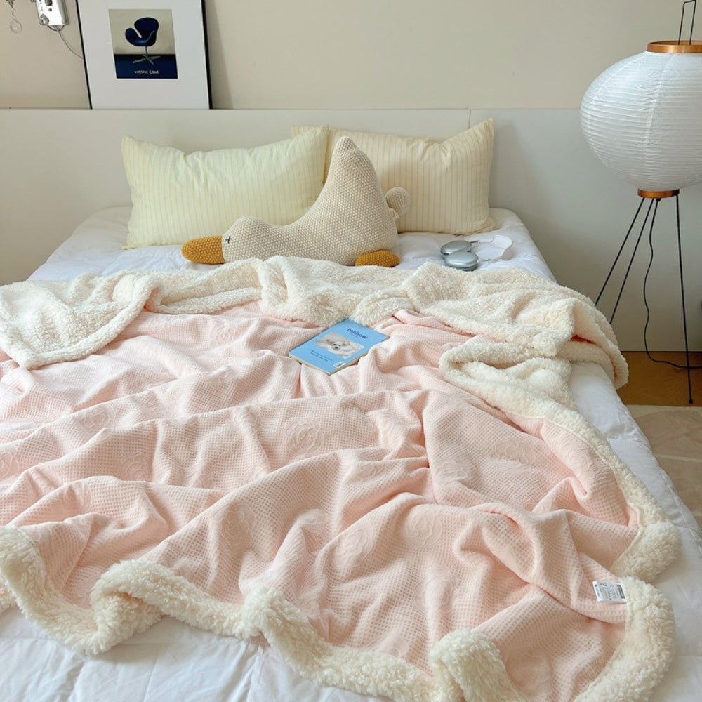 Double-Layer Sherpa Throw Blanket with Embossed Floral Pattern Warm Blanket for Living Room and Bedroom Soft Fleece Throw | Sansoti