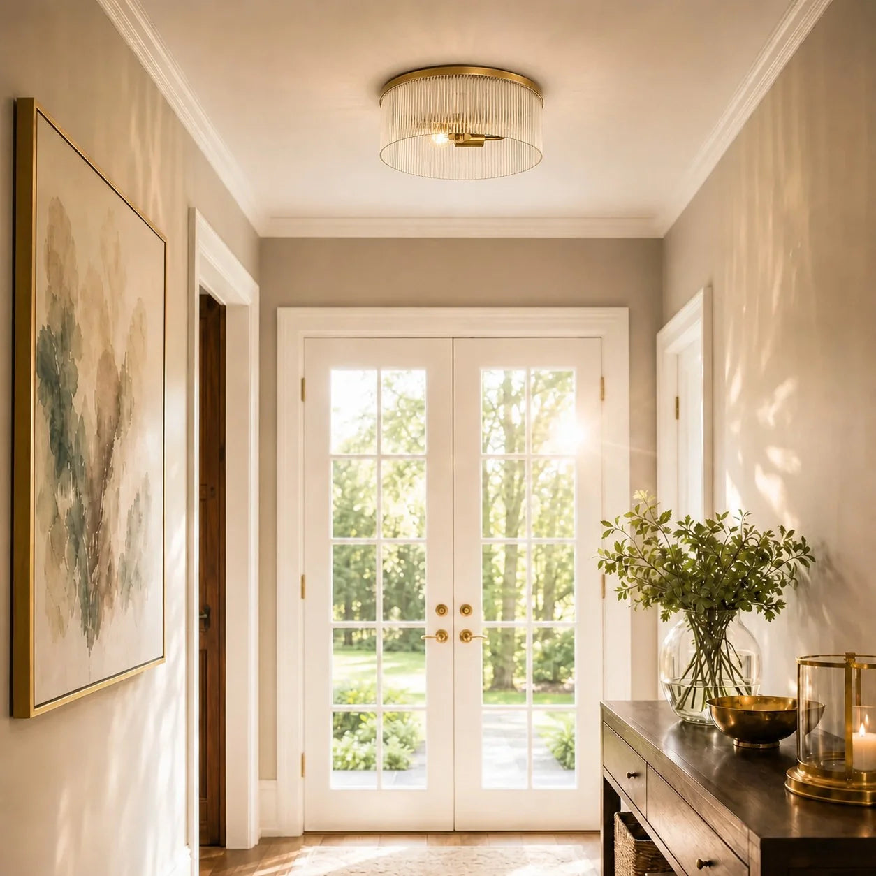 Ronde Plafondlamp met Geribbeld Glas en Landelijke Afwerking – Warm Sfeerlicht voor Lage Plafonds | Sansoti