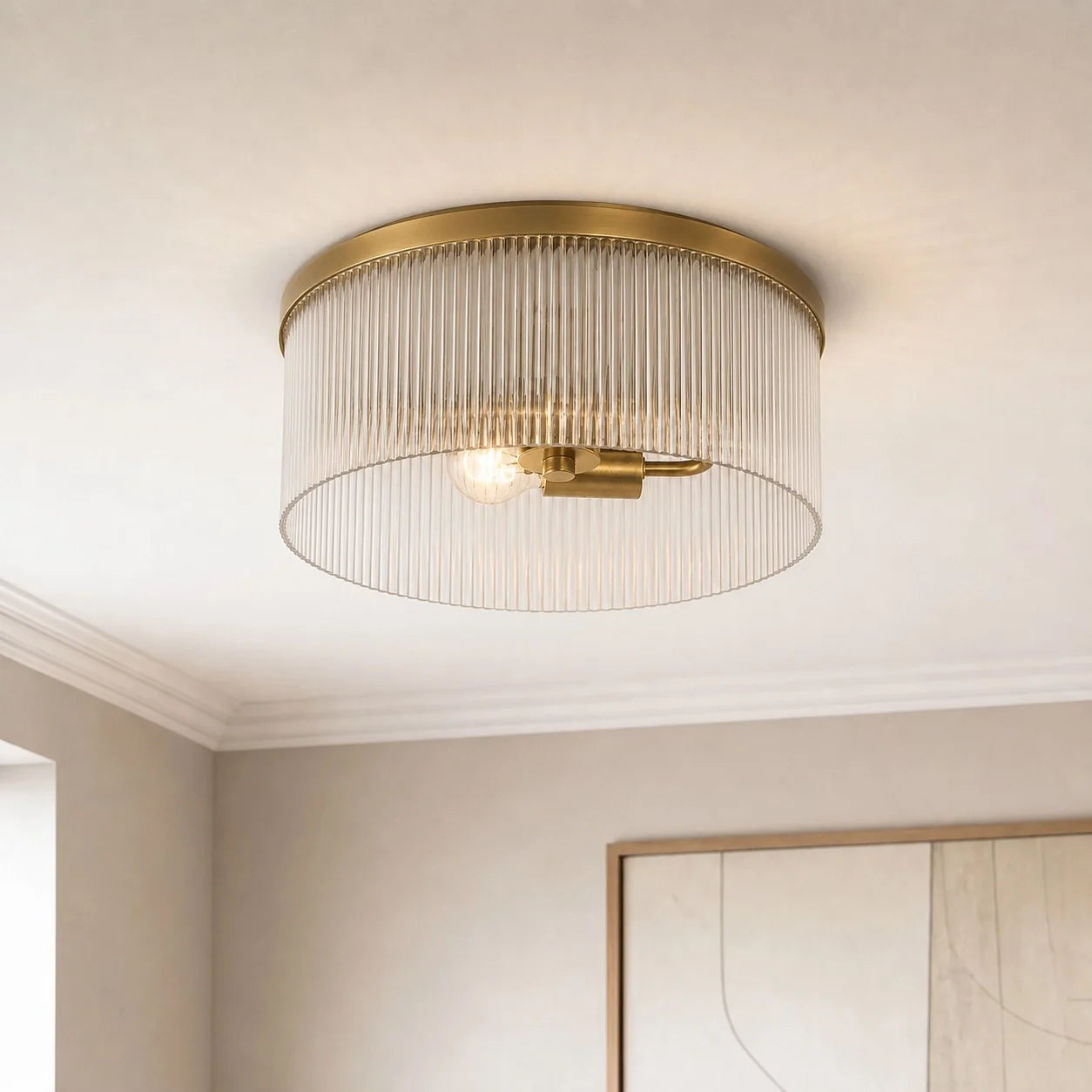 Ronde Plafondlamp met Geribbeld Glas en Landelijke Afwerking – Warm Sfeerlicht voor Lage Plafonds | Sansoti