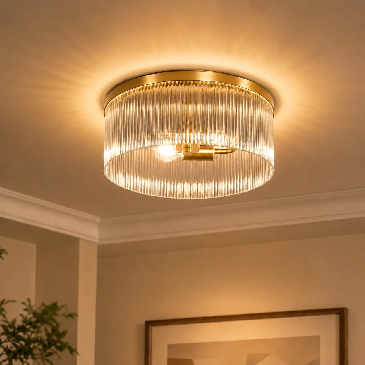 Ronde Plafondlamp met Geribbeld Glas en Landelijke Afwerking – Warm Sfeerlicht voor Lage Plafonds | Sansoti