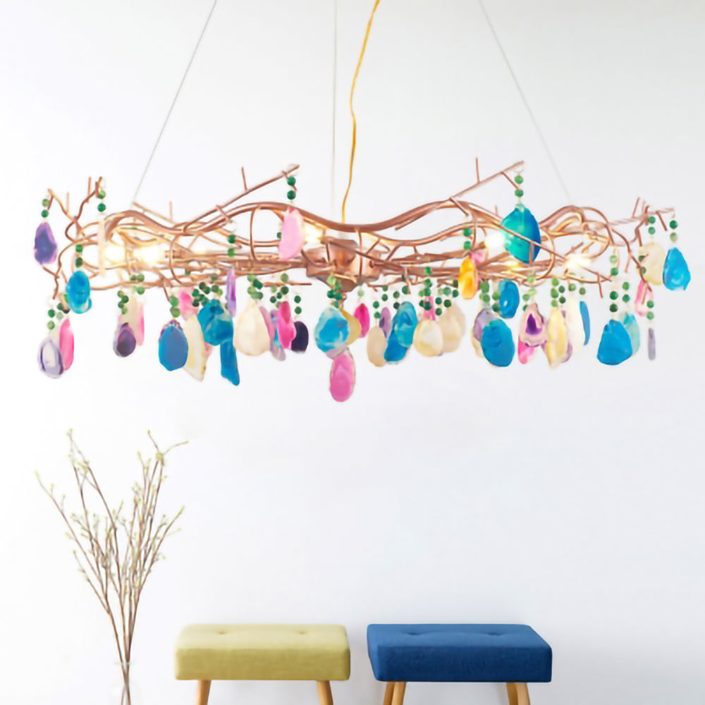 Agaatlamp Kroonluchter met Natuursteen en Roségouden Frame – Klassieke Villa Verlichting | Sansoti