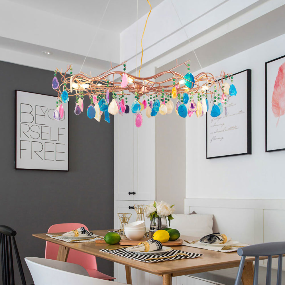 Agaatlamp Kroonluchter met Natuursteen en Roségouden Frame – Klassieke Villa Verlichting | Sansoti