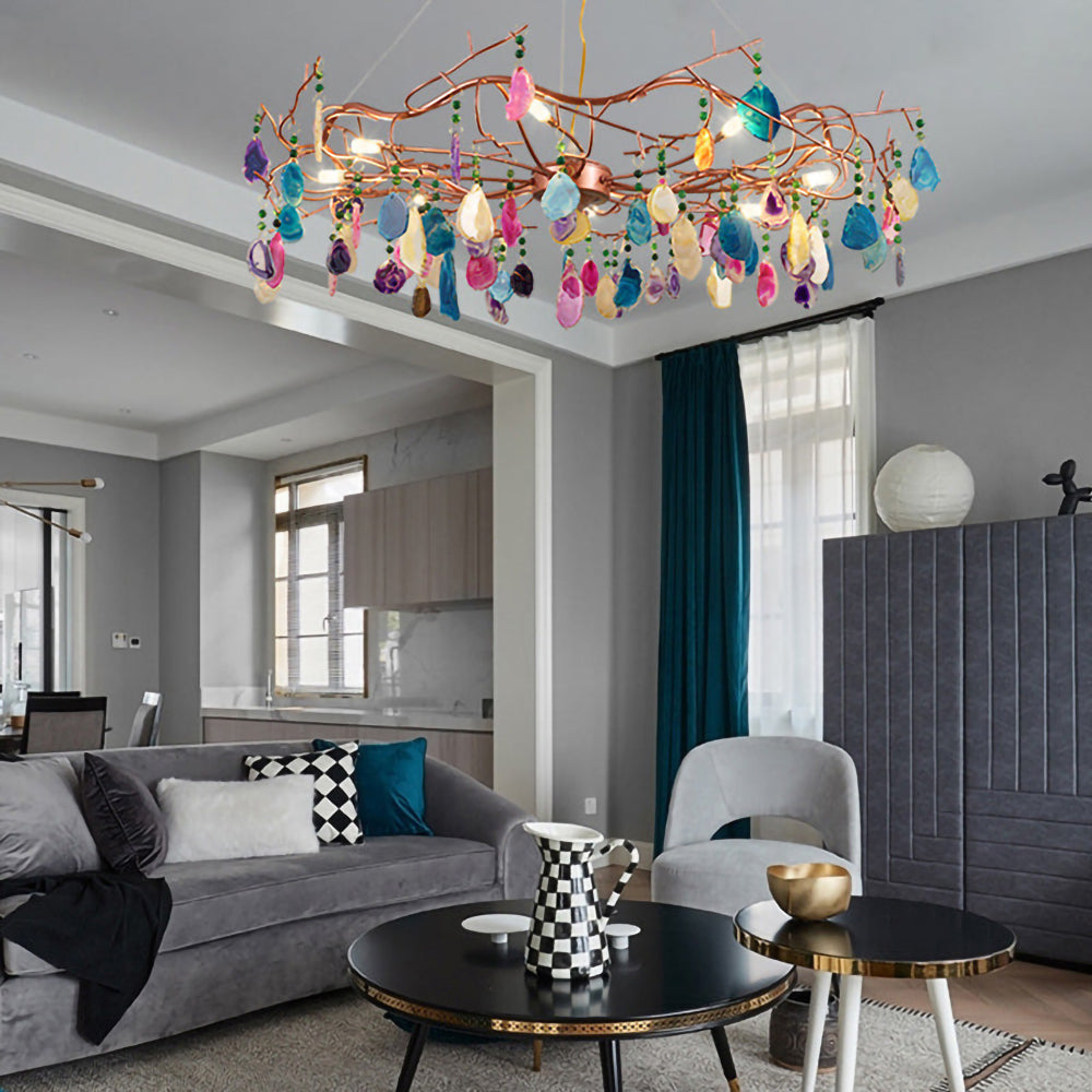 Agaatlamp Kroonluchter met Natuursteen en Roségouden Frame – Klassieke Villa Verlichting | Sansoti
